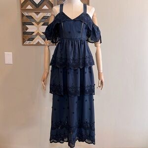 Self-Portrait Long Navy Blue Off-Shoulder Lace Dress 6